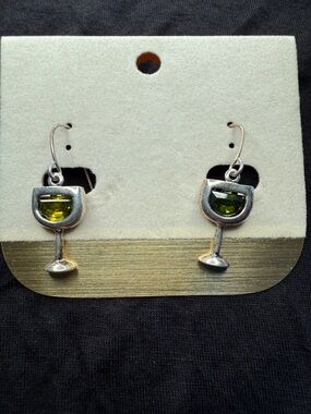 Silver Wine Glass Dangle Earrings with Olive Green Gem Accents NWT